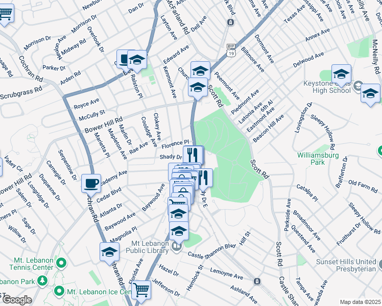 map of restaurants, bars, coffee shops, grocery stores, and more near 600 Washington Road in Mount Lebanon