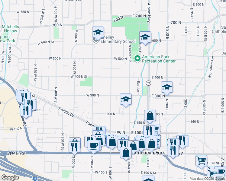 map of restaurants, bars, coffee shops, grocery stores, and more near 326 North 100 West in American Fork