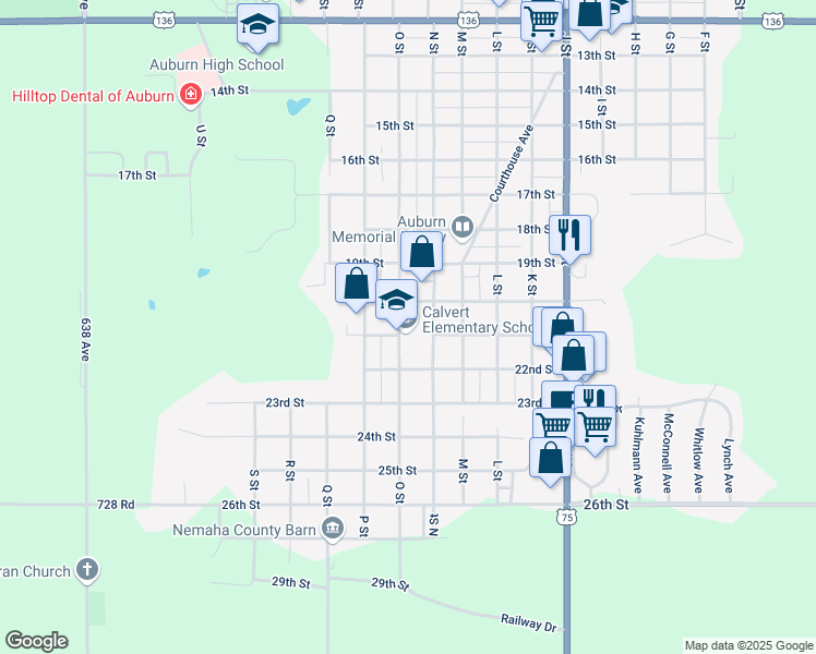 map of restaurants, bars, coffee shops, grocery stores, and more near 2103 O Street in Auburn
