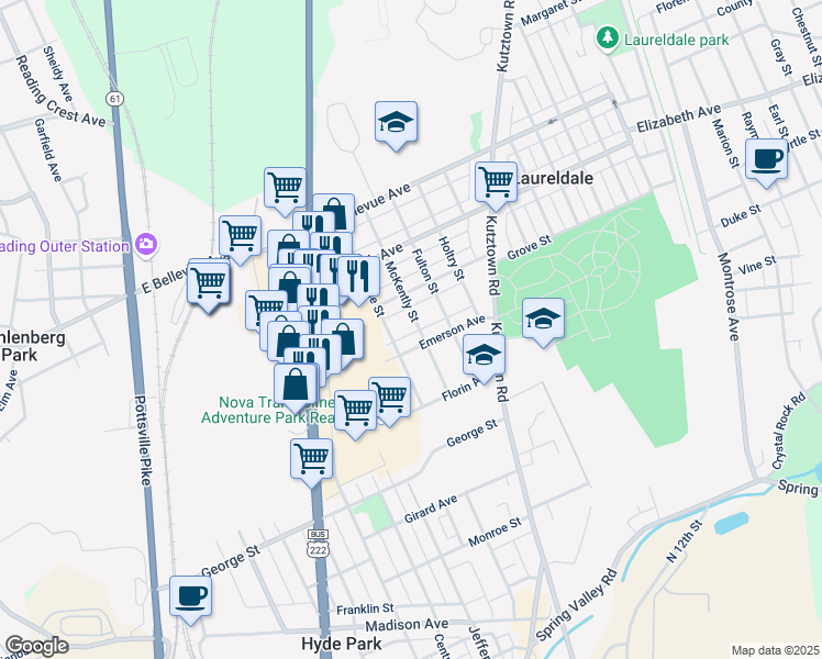 map of restaurants, bars, coffee shops, grocery stores, and more near 501 Emerson Avenue in Laureldale