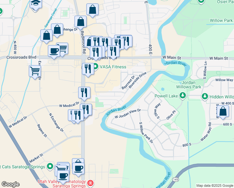 map of restaurants, bars, coffee shops, grocery stores, and more near 203 Jordan Ridge Boulevard in Saratoga Springs