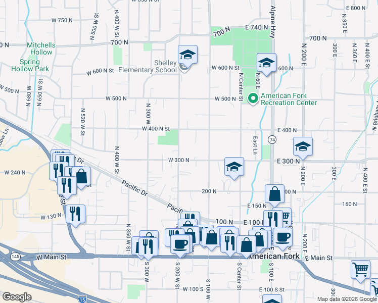map of restaurants, bars, coffee shops, grocery stores, and more near 190 West 300 North in American Fork