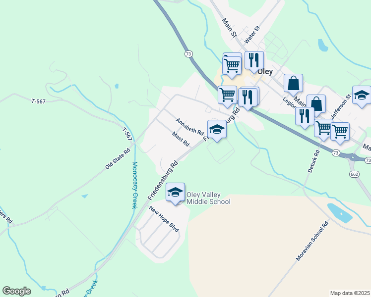 map of restaurants, bars, coffee shops, grocery stores, and more near 3273 Friedensburg Road in Oley