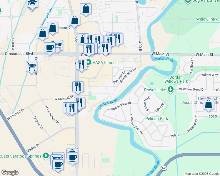 map of restaurants, bars, coffee shops, grocery stores, and more near 203 Jordan Ridge Boulevard in Saratoga Springs