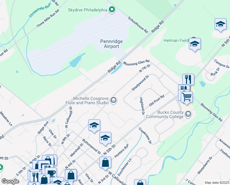 map of restaurants, bars, coffee shops, grocery stores, and more near 1014 North 7th Street in Perkasie