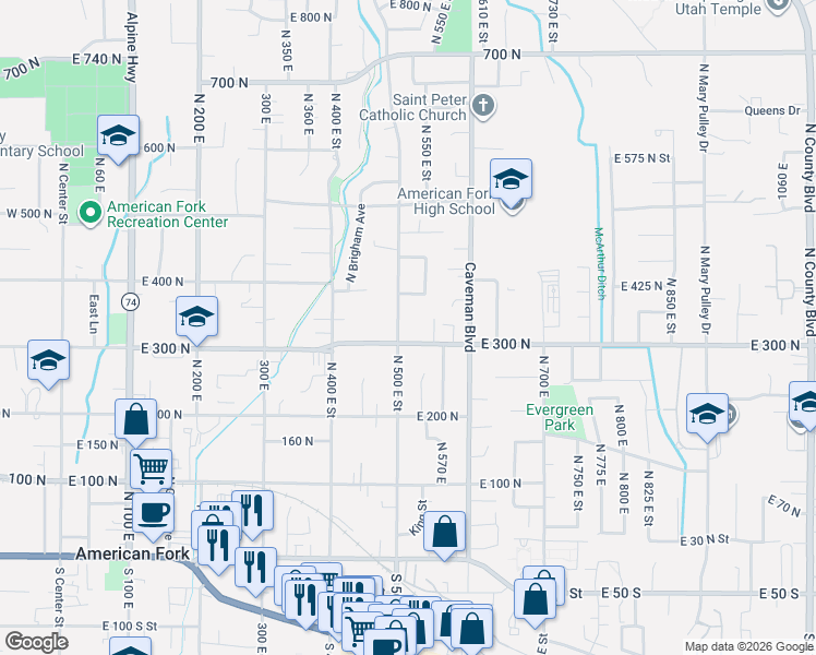 map of restaurants, bars, coffee shops, grocery stores, and more near 320 North 500 East Street in American Fork