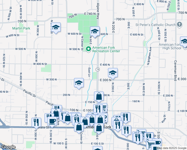 map of restaurants, bars, coffee shops, grocery stores, and more near 300 North 100 East in American Fork