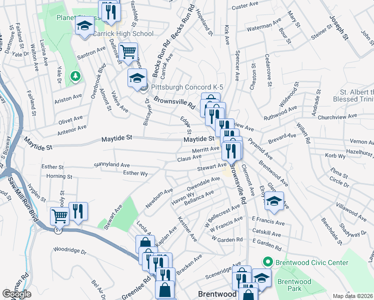 map of restaurants, bars, coffee shops, grocery stores, and more near 109 Claus Avenue in Pittsburgh
