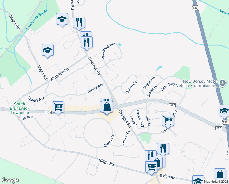 map of restaurants, bars, coffee shops, grocery stores, and more near 4 Jason Street in South Brunswick Township