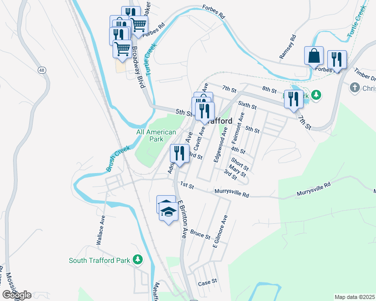 map of restaurants, bars, coffee shops, grocery stores, and more near 230 Cavitt Avenue in Trafford