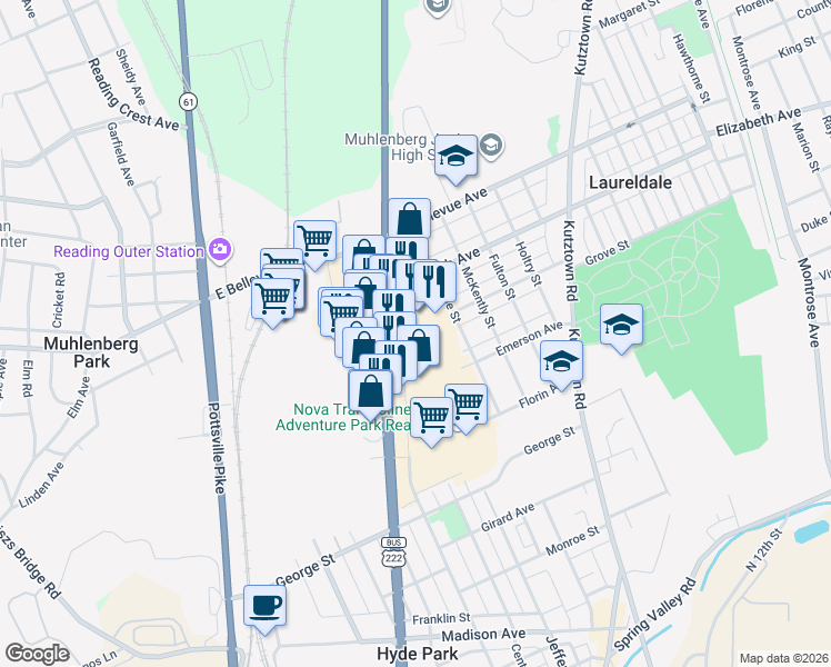 map of restaurants, bars, coffee shops, grocery stores, and more near 3225A North 5th Street Highway in Reading
