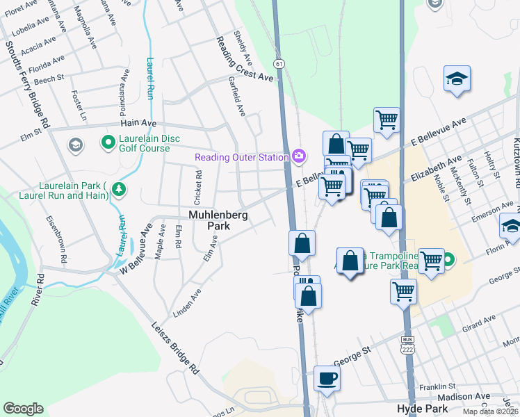 map of restaurants, bars, coffee shops, grocery stores, and more near 210 Roosevelt Avenue in Reading