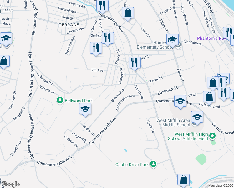 map of restaurants, bars, coffee shops, grocery stores, and more near 223 Constitution Avenue in West Mifflin