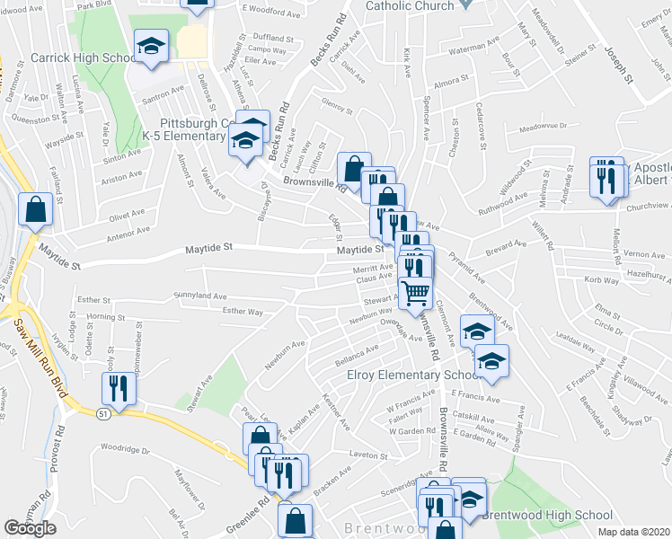 map of restaurants, bars, coffee shops, grocery stores, and more near 109 Claus Avenue in Pittsburgh
