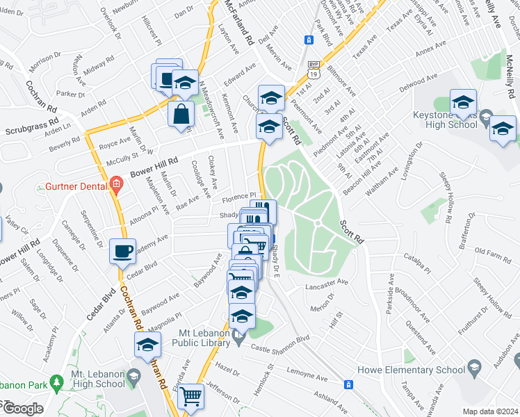 map of restaurants, bars, coffee shops, grocery stores, and more near 600 Washington Road in Mount Lebanon