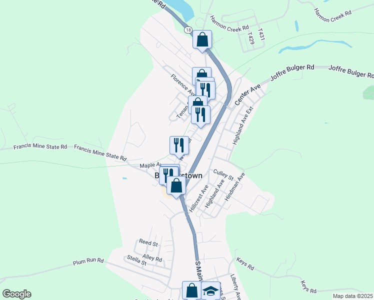 map of restaurants, bars, coffee shops, grocery stores, and more near 1515 South Main Street in Burgettstown