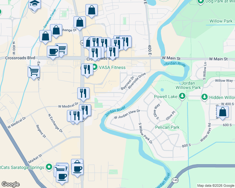 map of restaurants, bars, coffee shops, grocery stores, and more near 203 Jordan Ridge Boulevard in Saratoga Springs