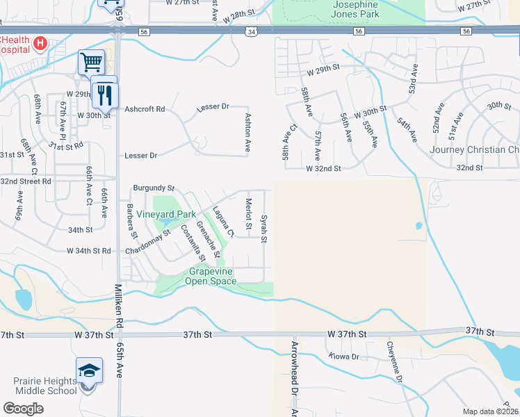 map of restaurants, bars, coffee shops, grocery stores, and more near 3338 Merlot Street in Greeley
