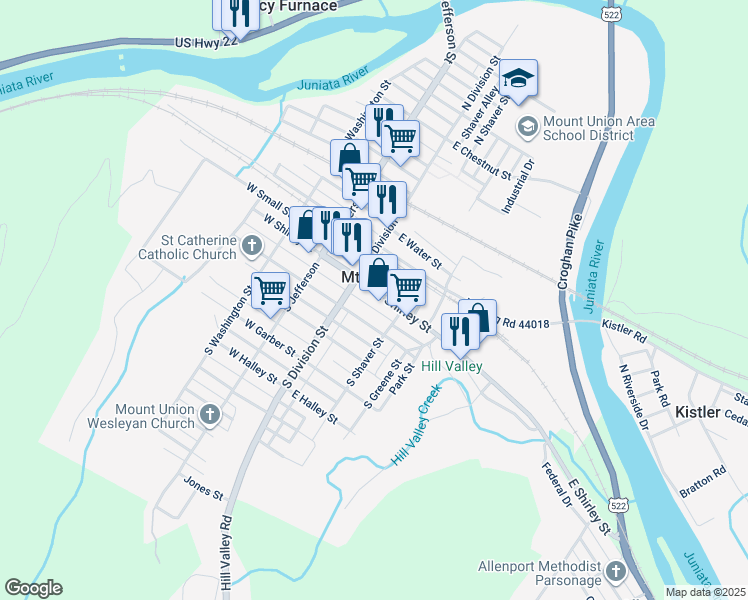 map of restaurants, bars, coffee shops, grocery stores, and more near 22 East Shirley Street in Mount Union
