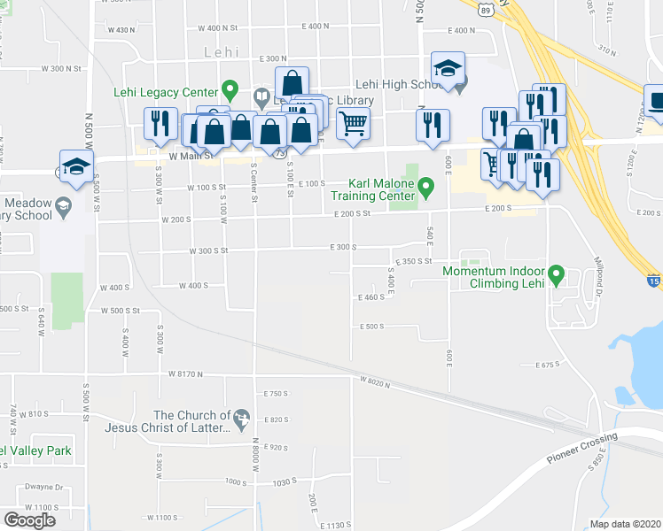 map of restaurants, bars, coffee shops, grocery stores, and more near 251 East 360 South in Lehi