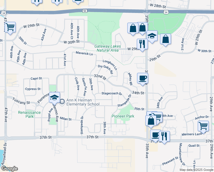 map of restaurants, bars, coffee shops, grocery stores, and more near 3714 Mesa Drive in Evans