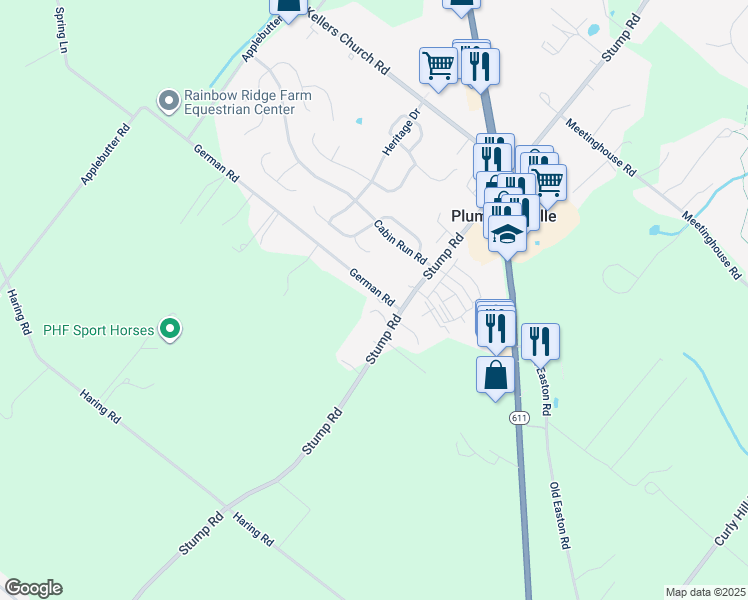 map of restaurants, bars, coffee shops, grocery stores, and more near 5940 German Road in Bucks County