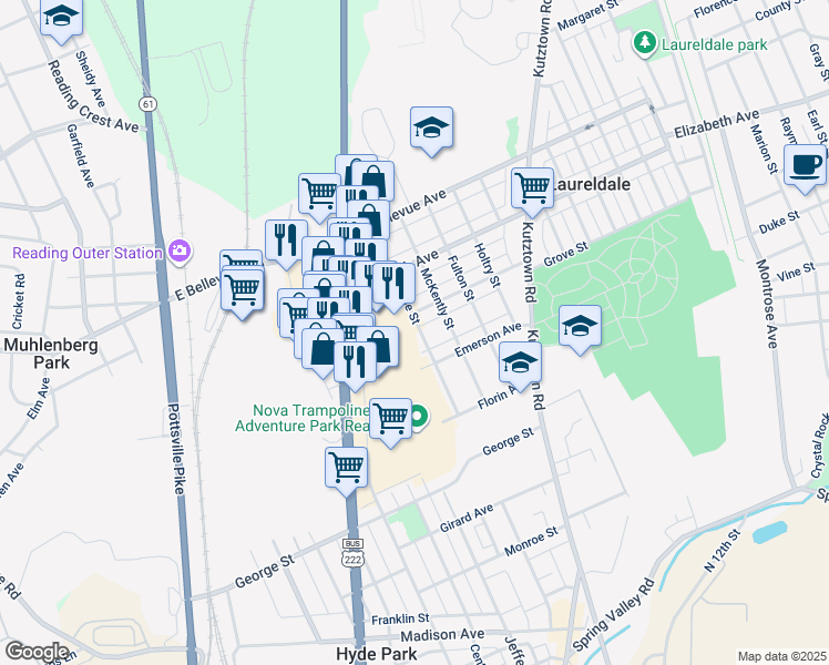 map of restaurants, bars, coffee shops, grocery stores, and more near 3216 Noble Street in Laureldale