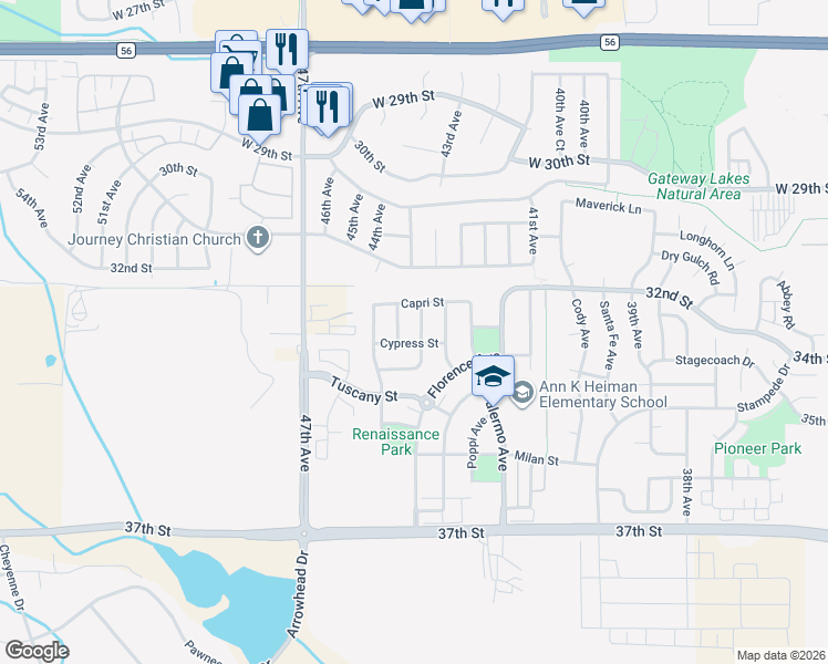 map of restaurants, bars, coffee shops, grocery stores, and more near 3206 San Marino Avenue in Evans