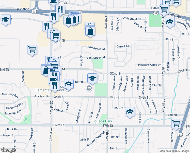 map of restaurants, bars, coffee shops, grocery stores, and more near 3201 O'Connor Avenue in Evans