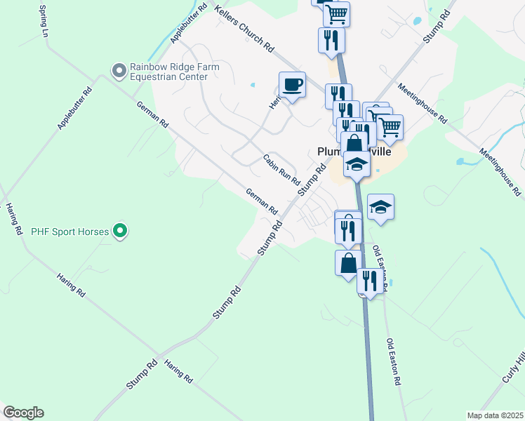 map of restaurants, bars, coffee shops, grocery stores, and more near 5940 German Road in Bucks County