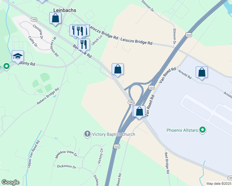map of restaurants, bars, coffee shops, grocery stores, and more near 2649 Bernville Road in Reading