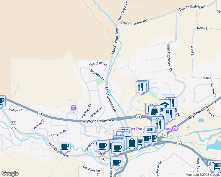 map of restaurants, bars, coffee shops, grocery stores, and more near 660 Macgregor Avenue in Estes Park