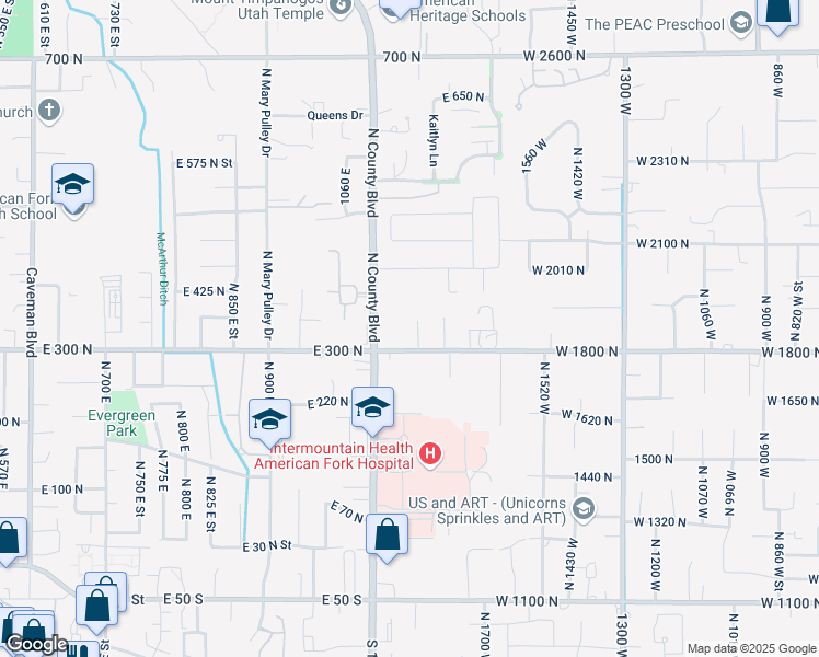 map of restaurants, bars, coffee shops, grocery stores, and more near 396 North County Boulevard in American Fork