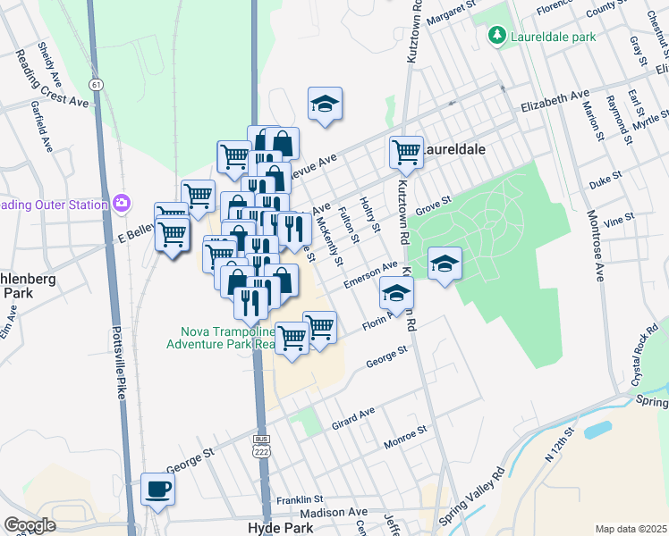 map of restaurants, bars, coffee shops, grocery stores, and more near 512 Belmont Avenue in Laureldale