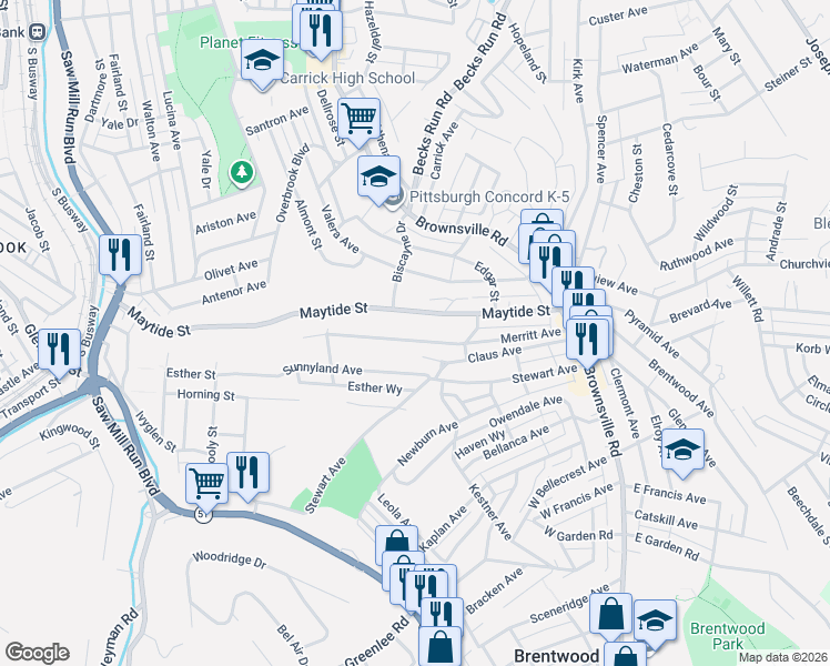map of restaurants, bars, coffee shops, grocery stores, and more near 226 Maytide Street in Pittsburgh