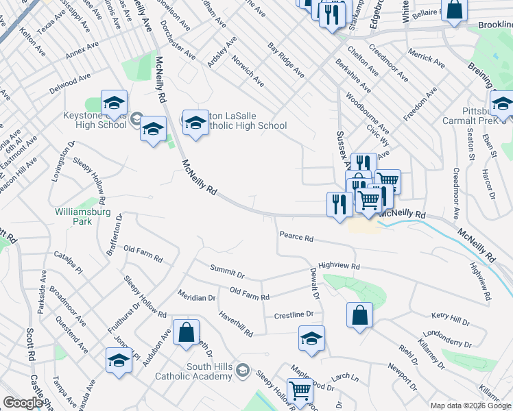 map of restaurants, bars, coffee shops, grocery stores, and more near 746 McNeilly Road in Pittsburgh