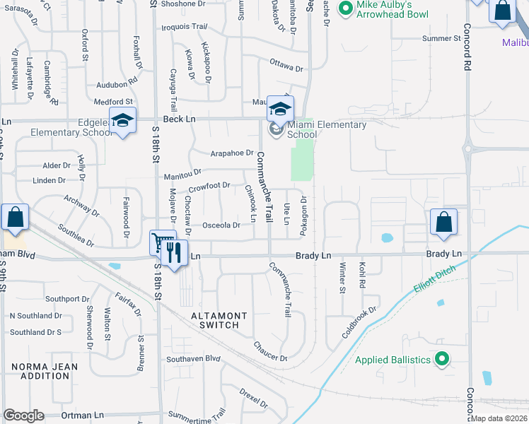 map of restaurants, bars, coffee shops, grocery stores, and more near 3024 Commanche Trail in Lafayette
