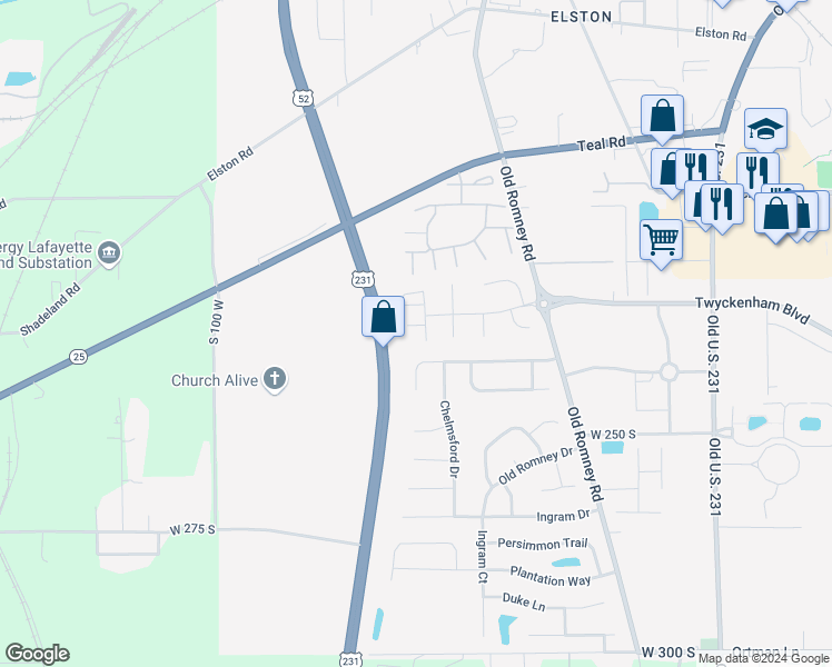 map of restaurants, bars, coffee shops, grocery stores, and more near 412 Brunswick Drive in Lafayette