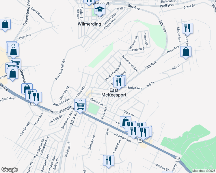 map of restaurants, bars, coffee shops, grocery stores, and more near 906 Florence Avenue in East McKeesport