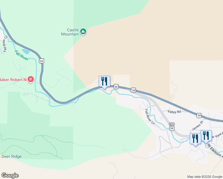 map of restaurants, bars, coffee shops, grocery stores, and more near 1280 Fall River Road in Estes Park