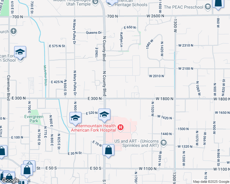 map of restaurants, bars, coffee shops, grocery stores, and more near 396 North County Boulevard in American Fork