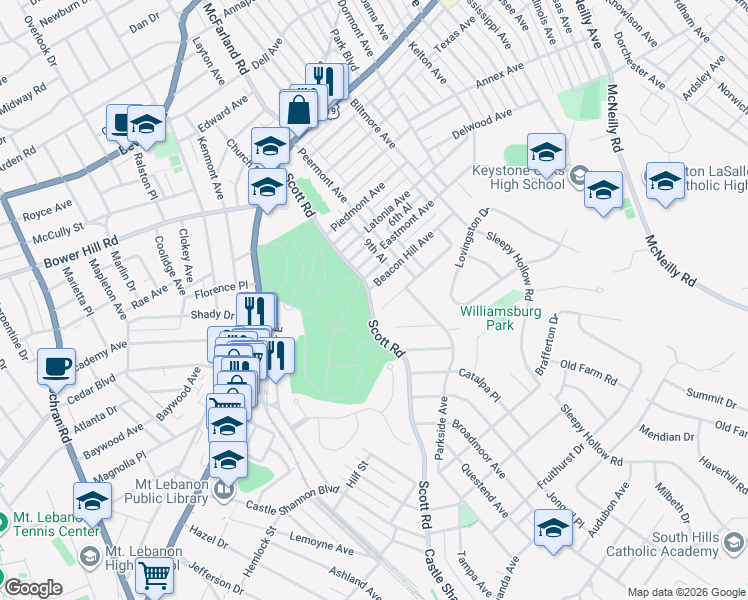 map of restaurants, bars, coffee shops, grocery stores, and more near 3331 Beacon Hill Avenue in Pittsburgh