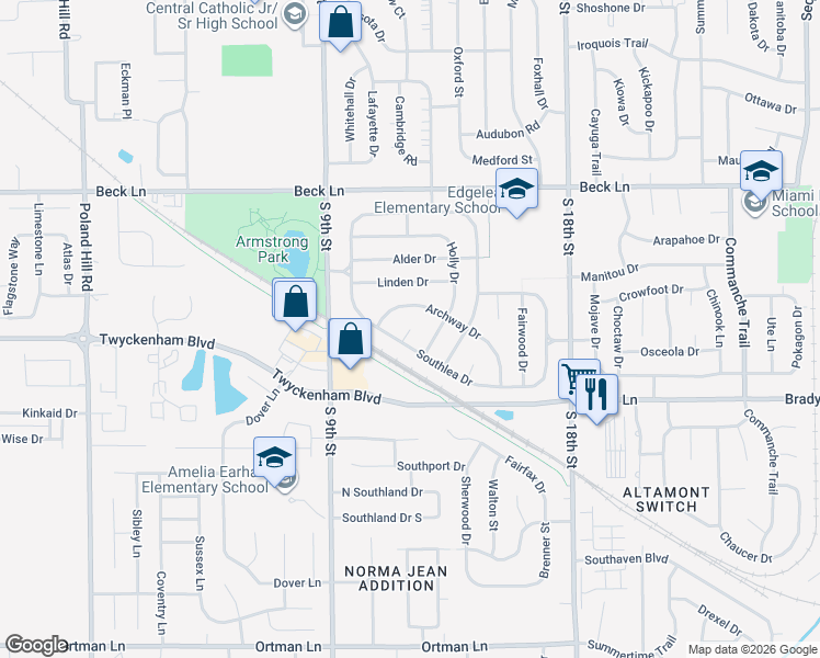 map of restaurants, bars, coffee shops, grocery stores, and more near West Court in Lafayette