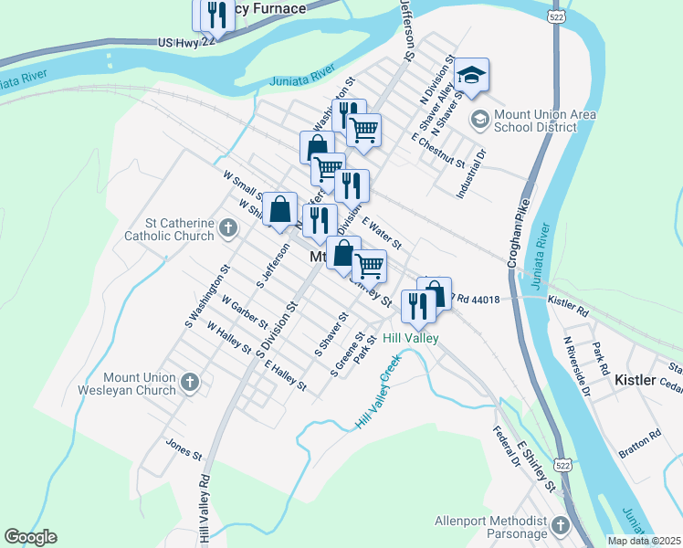 map of restaurants, bars, coffee shops, grocery stores, and more near 22 East Shirley Street in Mount Union