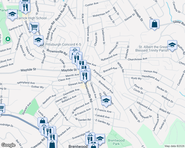map of restaurants, bars, coffee shops, grocery stores, and more near 2735 Pyramid Avenue in Brentwood