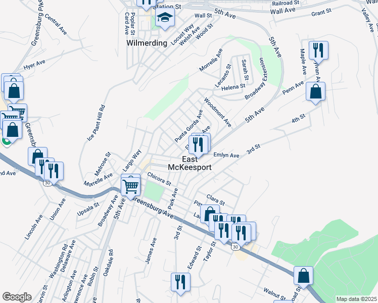 map of restaurants, bars, coffee shops, grocery stores, and more near 825 Florence Avenue in East McKeesport