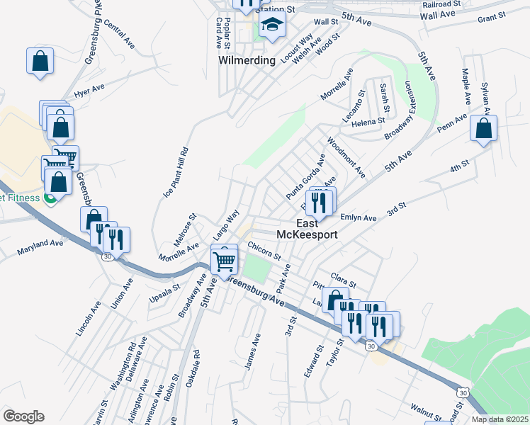 map of restaurants, bars, coffee shops, grocery stores, and more near 431 Short Street in East McKeesport