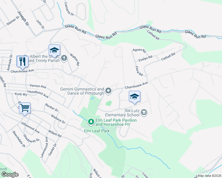 map of restaurants, bars, coffee shops, grocery stores, and more near 3377 Churchview Avenue in Pittsburgh