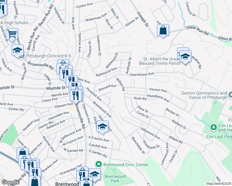 map of restaurants, bars, coffee shops, grocery stores, and more near 2958 Brevard Avenue in Pittsburgh