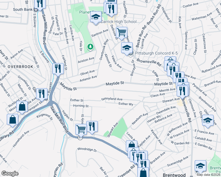 map of restaurants, bars, coffee shops, grocery stores, and more near 410 Maytide Street in Pittsburgh